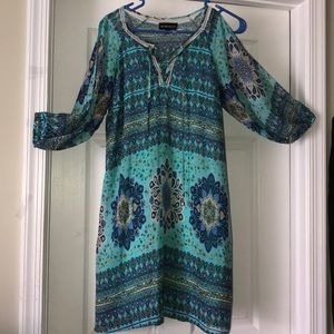 Blue open shoulder mid sleeve swing dress